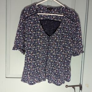 🩷 Lucky Brand Prairie Core L top Floral ruffles blue pink Festival blouse
